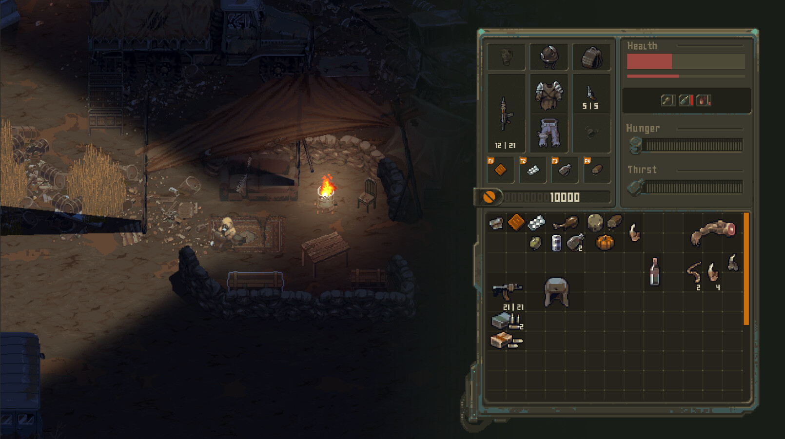 Scavland inventory interface open beside a survivor camp
