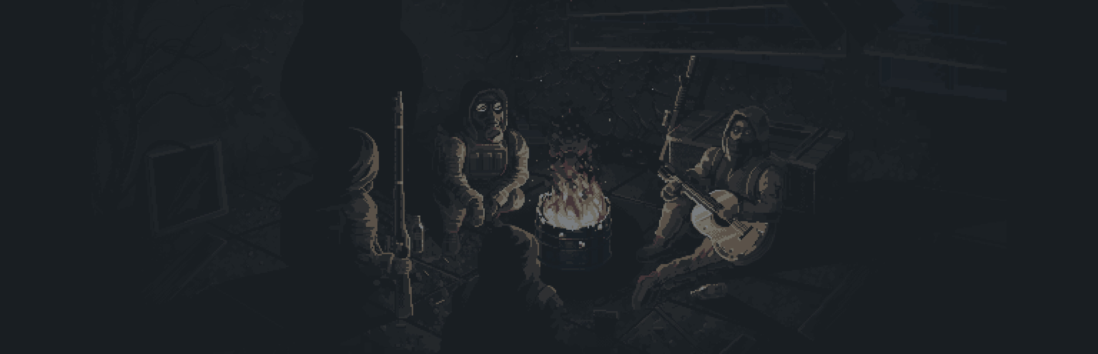Three masked Scavland survivors around a barrel fire