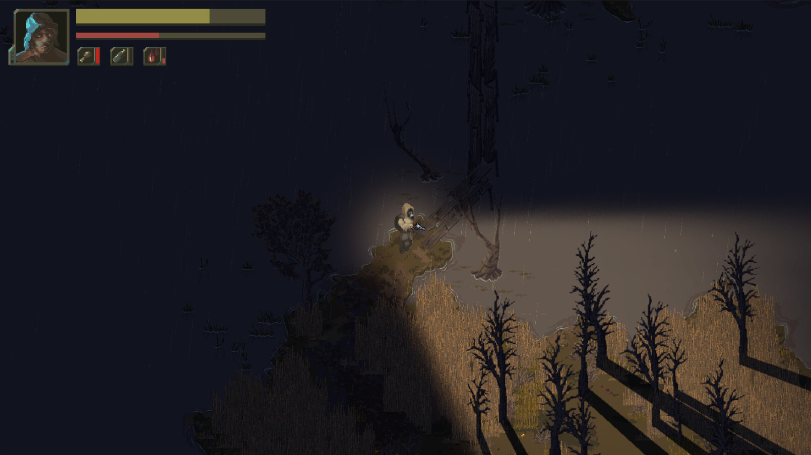 A flashlight cuts across a dark ridge in Zalesye.